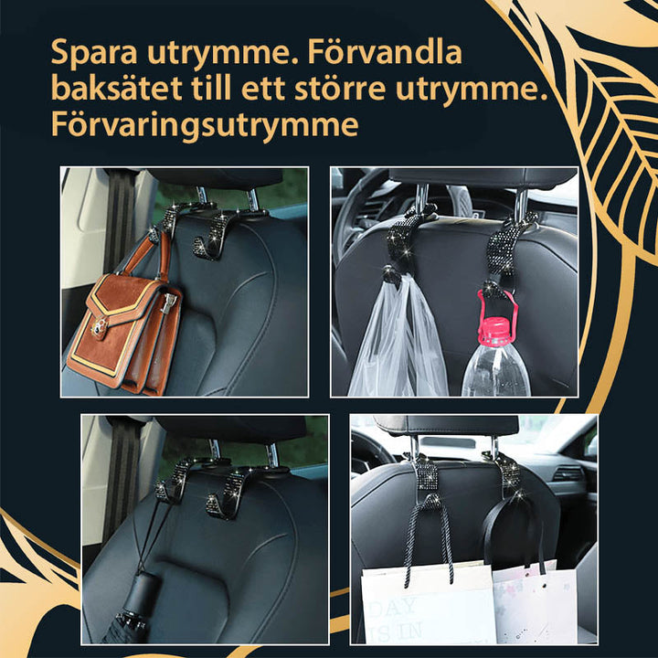 Multifunktionella flerfärgade och vita bilkrokar på baksäte för effektiv förvaring och stilfull bilinteriör.