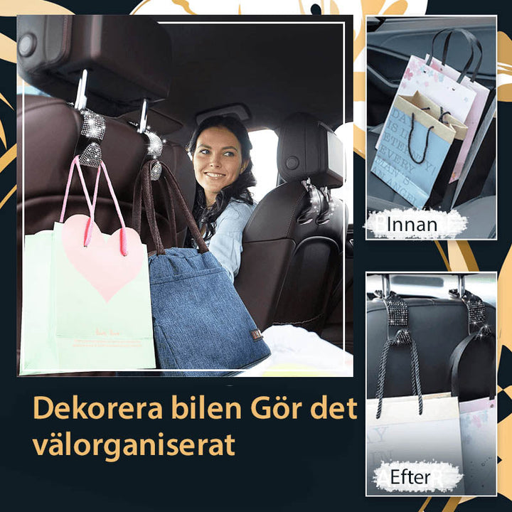 Multifunktionella flerfärgade och vita bilkrokar på baksäte för effektiv förvaring och stilfull bilinteriör.