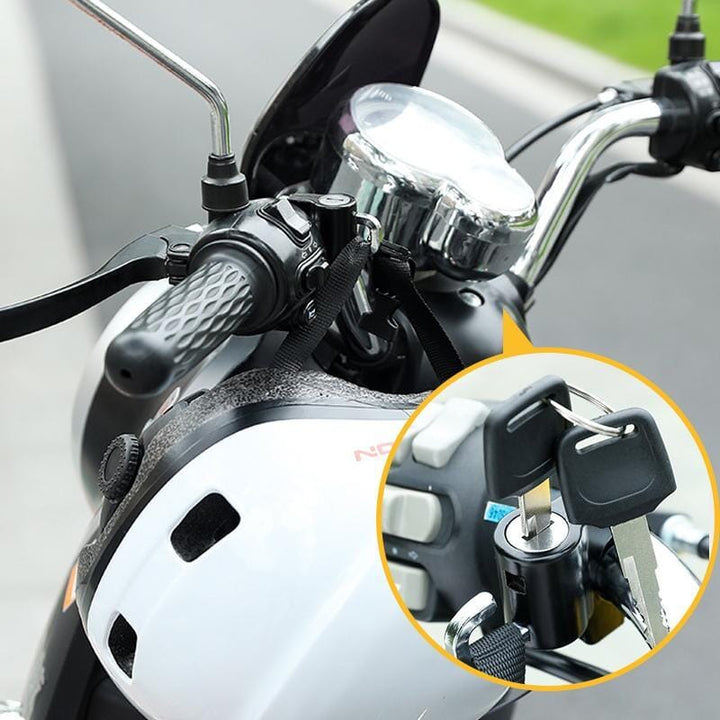 "Multifunktionellt aluminium hjälmlås för motorcykel, robust svart design, passar halv- och helhjälmar."