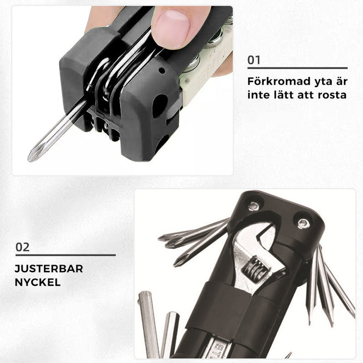 Multifunktionellt däckreparationsverktyg i rostfritt stål för utomhusbruk, idealiskt för cykling och campingäventyr.