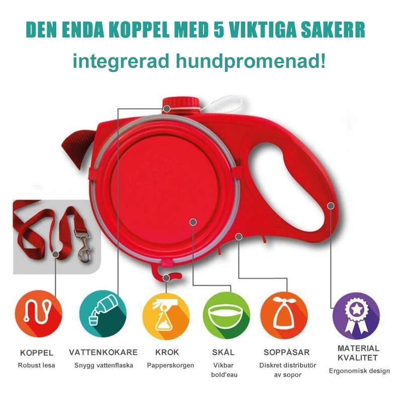 "Multifunktionellt hundkoppel med röd skål, blått band, inbyggd vattenbehållare och avfallspåsar för små och stora hundar."