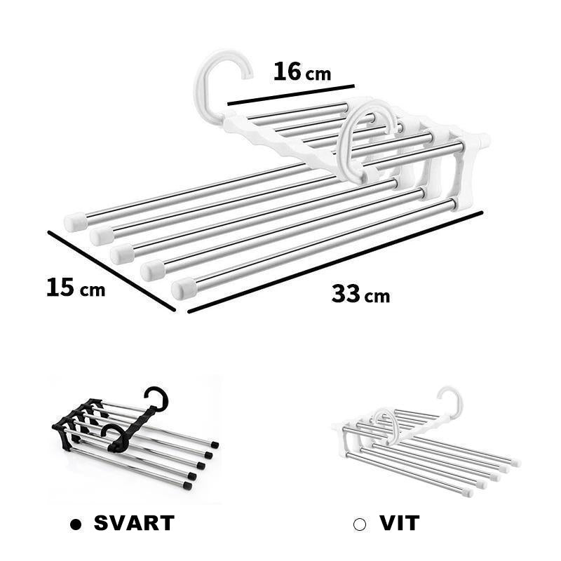 "Multifunktionellt klädhängare, platsbesparande unisex-design, rostfritt stål och svart ABS, för byxor och sjalar."