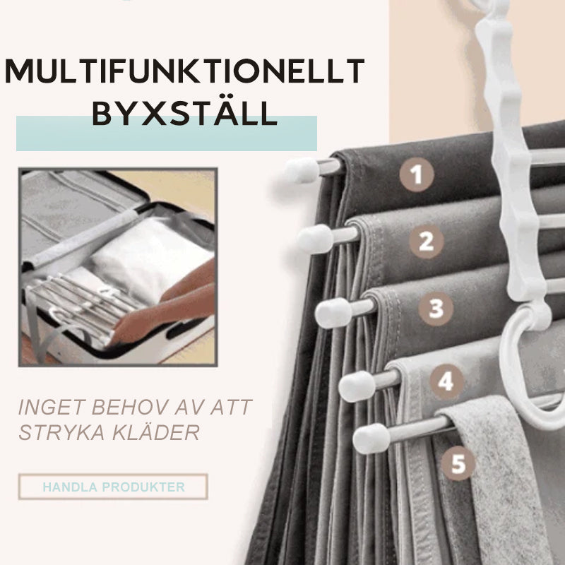 "Multifunktionellt klädhängare, platsbesparande unisex-design, rostfritt stål och svart ABS, för byxor och sjalar."