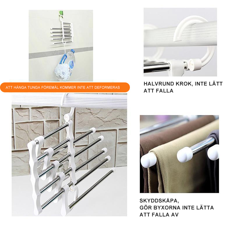 "Multifunktionellt klädhängare, platsbesparande unisex-design, rostfritt stål och svart ABS, för byxor och sjalar."