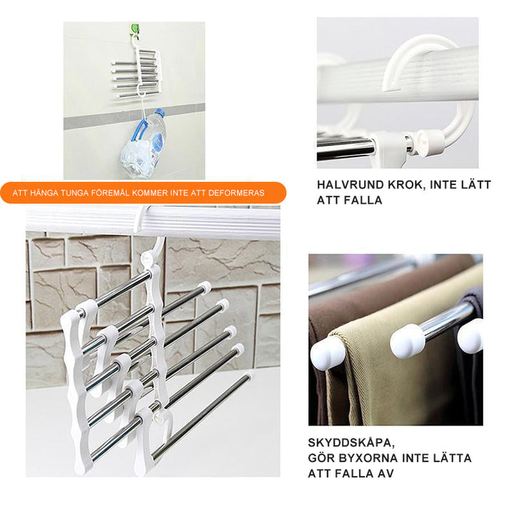 "Multifunktionellt klädhängare, platsbesparande unisex-design, rostfritt stål och svart ABS, för byxor och sjalar."