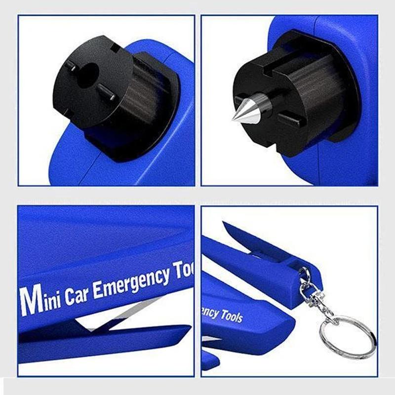 Multifunktionellt mini bil nödverktyg med hammare och säkerhetskap, kompakt design för enkel förvaring i bilen.