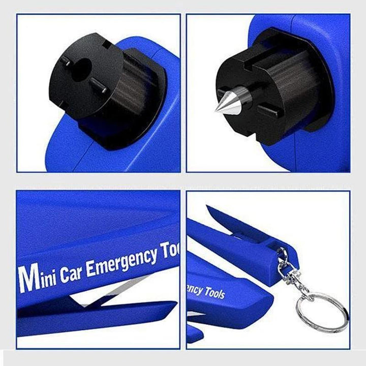 Multifunktionellt mini bil nödverktyg med hammare och säkerhetskap, kompakt design för enkel förvaring i bilen.