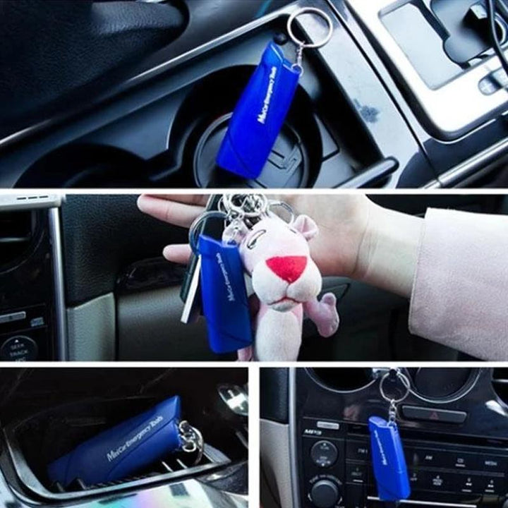 Multifunktionellt mini bil nödverktyg med hammare och säkerhetskap, kompakt design för enkel förvaring i bilen.