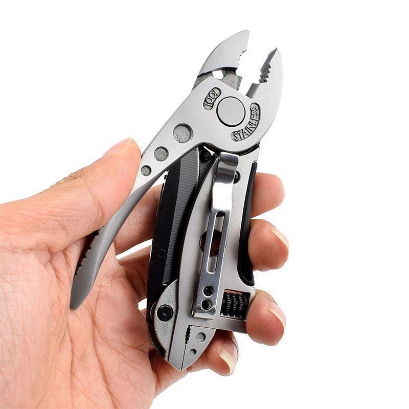 "Multifunktionellt miniatyrverktyg i rostfritt stål med kniv, skiftnycklar och tänger för utomhusbruk, idealiskt för fickan."