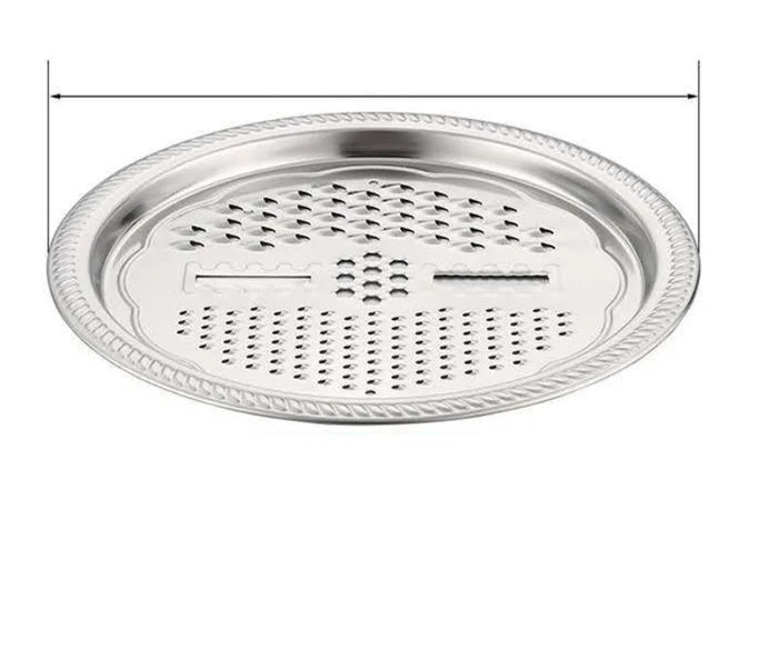 "Multifunktionellt skålset i rostfritt stål för köket med rivjärn, dräneringsbricka och basskål, 26 cm i diameter."