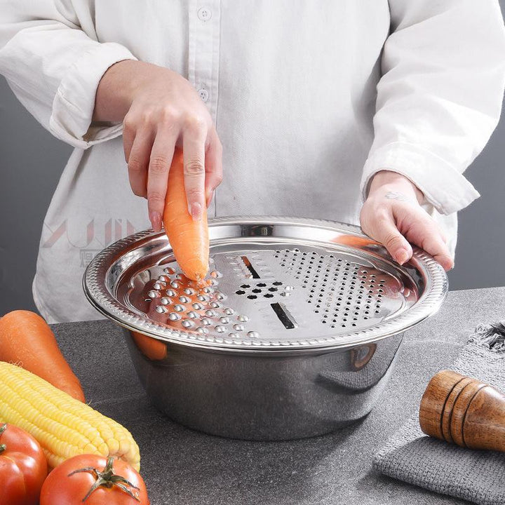 "Multifunktionellt skålset i rostfritt stål för köket med rivjärn, dräneringsbricka och basskål, 26 cm i diameter."