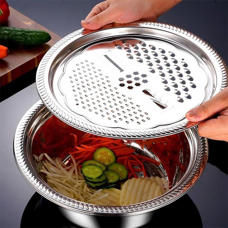 "Multifunktionellt skålset i rostfritt stål för köket med rivjärn, dräneringsbricka och basskål, 26 cm i diameter."