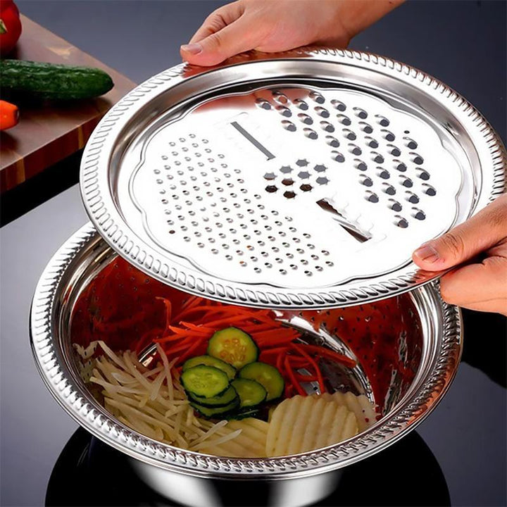 "Multifunktionellt skålset i rostfritt stål för köket med rivjärn, dräneringsbricka och basskål, 26 cm i diameter."