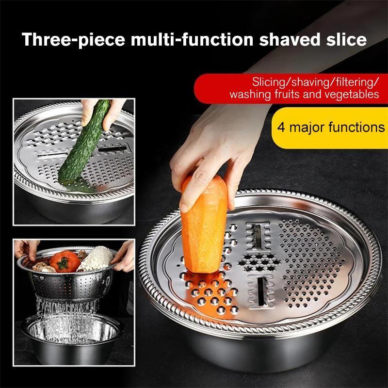 "Multifunktionellt skålset i rostfritt stål för köket med rivjärn, dräneringsbricka och basskål, 26 cm i diameter."