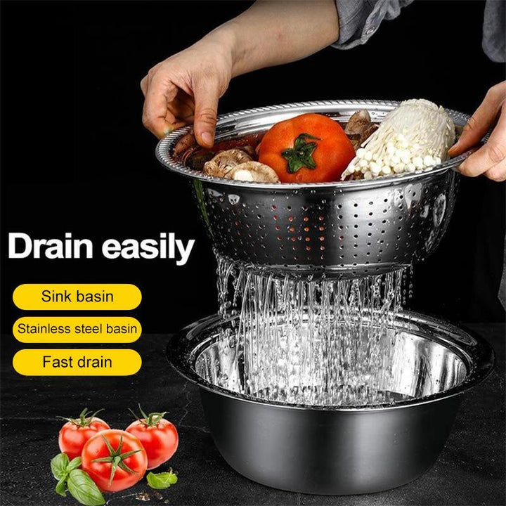 "Multifunktionellt skålset i rostfritt stål för köket med rivjärn, dräneringsbricka och basskål, 26 cm i diameter."