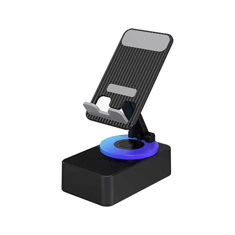 "Multifunktionellt telefonställ med Bluetooth-högtalare och powerbank, svart design med bärbar och halkfri bas."