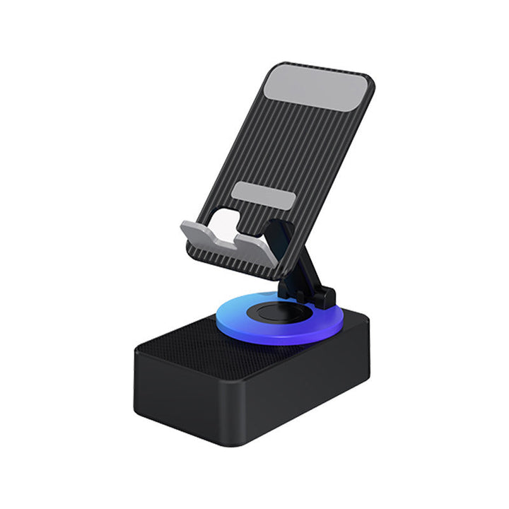 "Multifunktionellt telefonställ med Bluetooth-högtalare och powerbank, svart design med bärbar och halkfri bas."