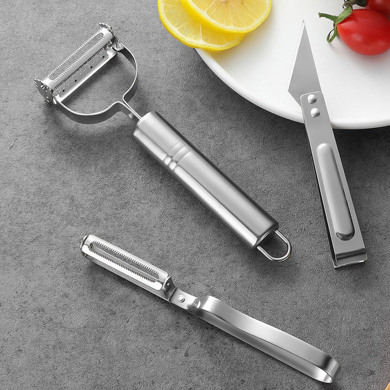 "Multifunktionellt tre-delat skalarset i rostfritt stål, ergonomisk design med vassa blad för säker och effektiv matberedning