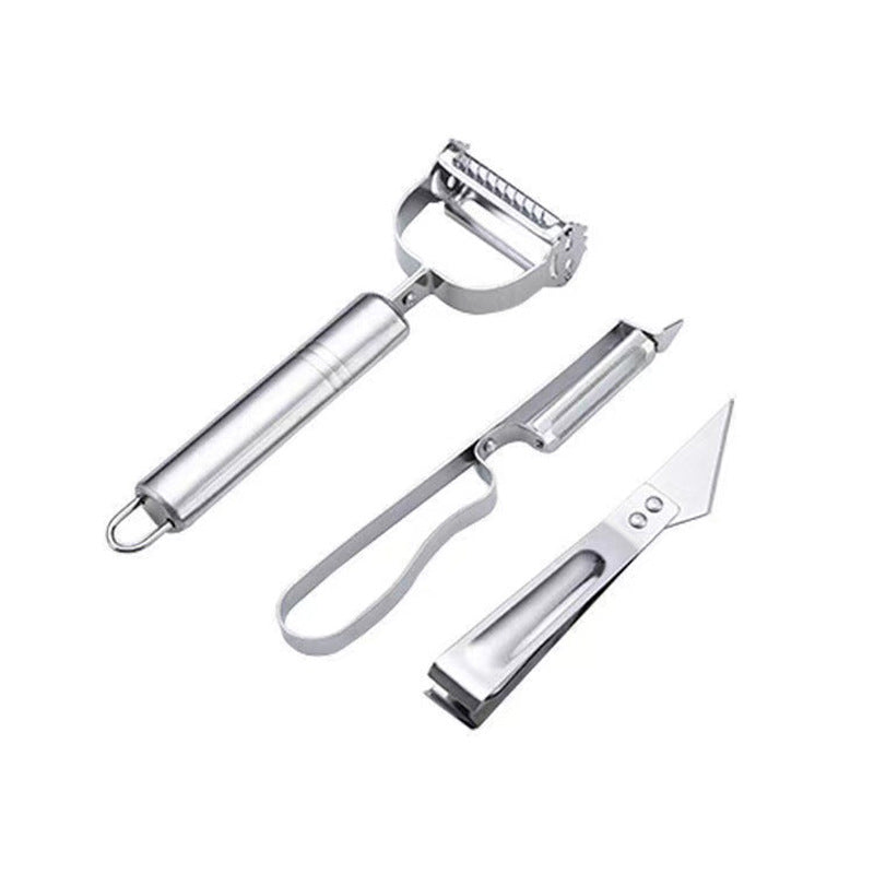 "Multifunktionellt tre-delat skalarset i rostfritt stål, ergonomisk design med vassa blad för säker och effektiv matberedning