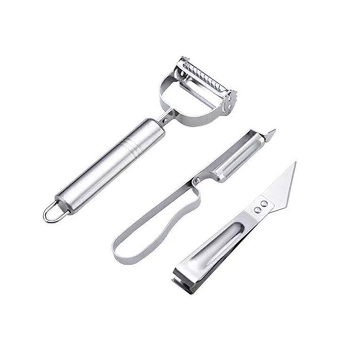 "Multifunktionellt tre-delat skalarset i rostfritt stål, ergonomisk design med vassa blad för säker och effektiv matberedning