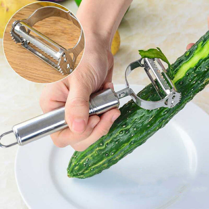 "Multifunktionellt tre-delat skalarset i rostfritt stål, ergonomisk design med vassa blad för säker och effektiv matberedning