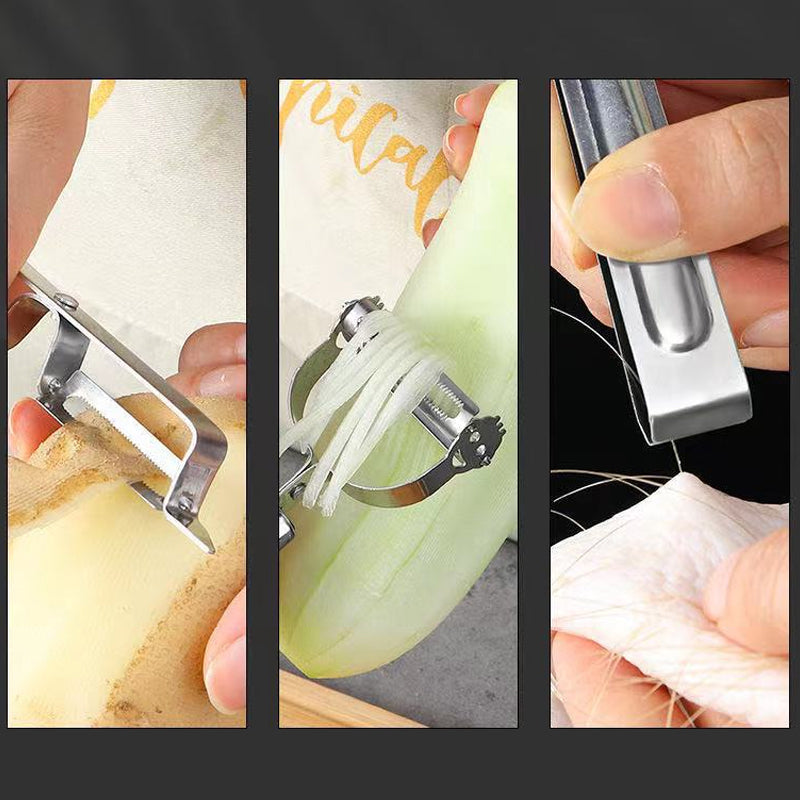 "Multifunktionellt tre-delat skalarset i rostfritt stål, ergonomisk design med vassa blad för säker och effektiv matberedning