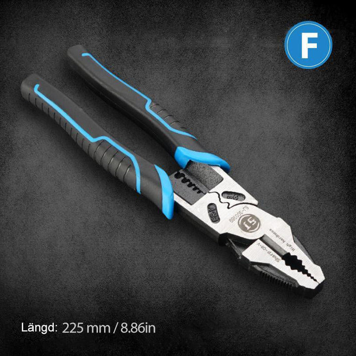 Multifunktionellt verktyg i blå, krom vanadinlegerat stål med halkfritt PVC-grepp, perfekt för enkla reparationer.