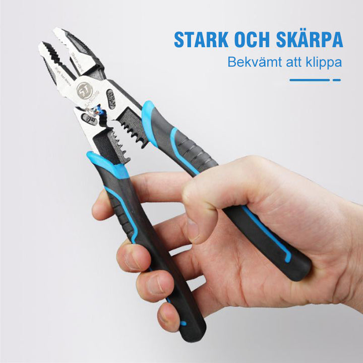 Multifunktionellt verktyg i blå, krom vanadinlegerat stål med halkfritt PVC-grepp, perfekt för enkla reparationer.