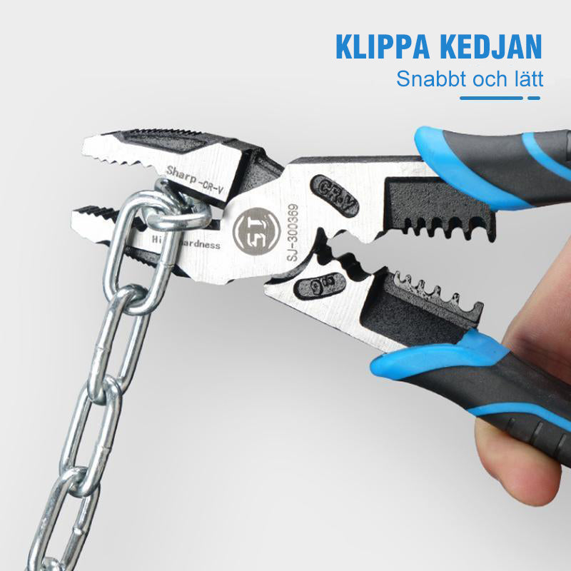 Multifunktionellt verktyg i blå, krom vanadinlegerat stål med halkfritt PVC-grepp, perfekt för enkla reparationer.