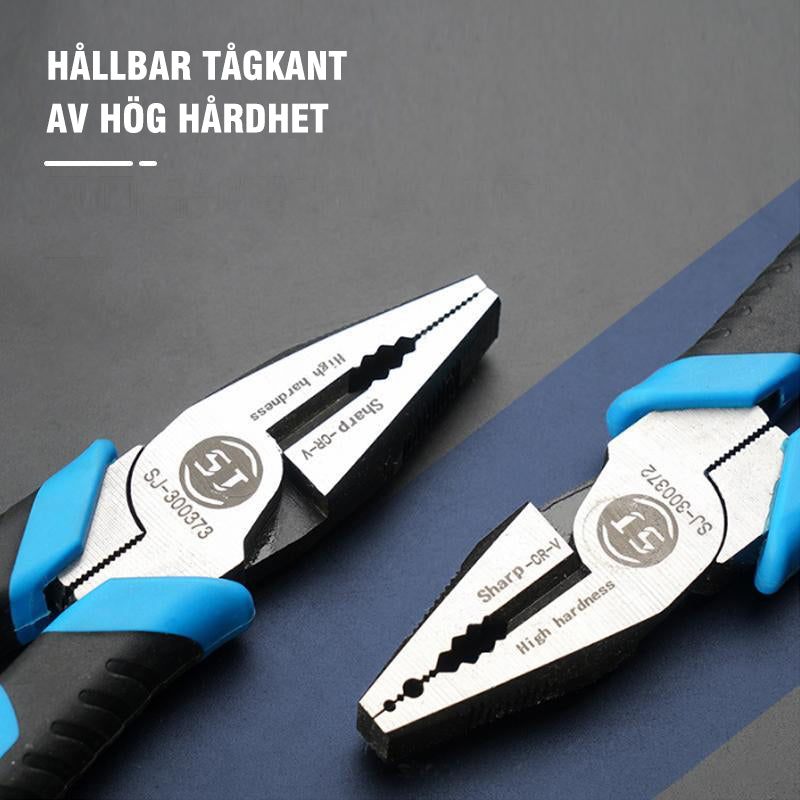 Multifunktionellt verktyg i blå, krom vanadinlegerat stål med halkfritt PVC-grepp, perfekt för enkla reparationer.