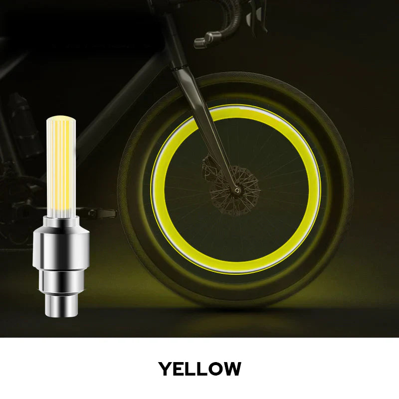 "Multikolor LED-lampa för däckventil lyser i olika färger, ökar synlighet och stil vid bil-, cykel- eller motorcykelkörning."