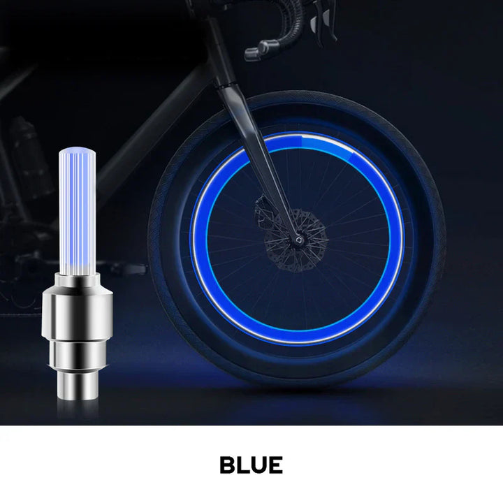 "Multikolor LED-lampa för däckventil lyser i olika färger, ökar synlighet och stil vid bil-, cykel- eller motorcykelkörning."