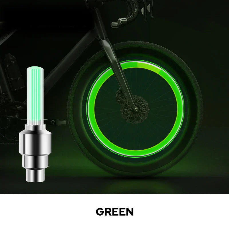 "Multikolor LED-lampa för däckventil lyser i olika färger, ökar synlighet och stil vid bil-, cykel- eller motorcykelkörning."