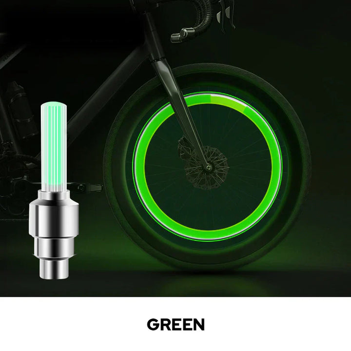 "Multikolor LED-lampa för däckventil lyser i olika färger, ökar synlighet och stil vid bil-, cykel- eller motorcykelkörning."