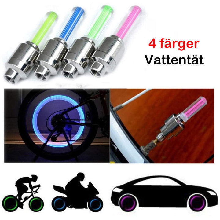 "Multikolor LED-lampa för däckventil lyser i olika färger, ökar synlighet och stil vid bil-, cykel- eller motorcykelkörning."
