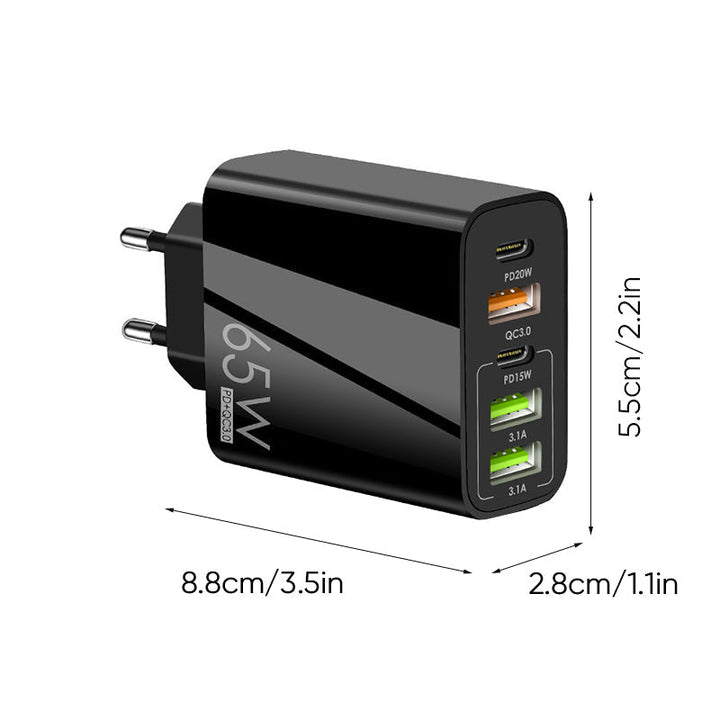 "Multiportadapter 65W snabbladdare, kompakt design, flera USB-portar, laddar flera enheter snabbt och effektivt."