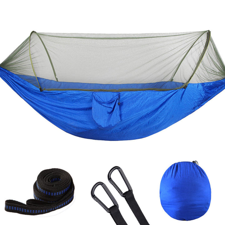 "Myggsäker campinghängmatta med stålstång, svart, kompakt design, effektivt insektsnät, slitstark nylon, 250x120cm."