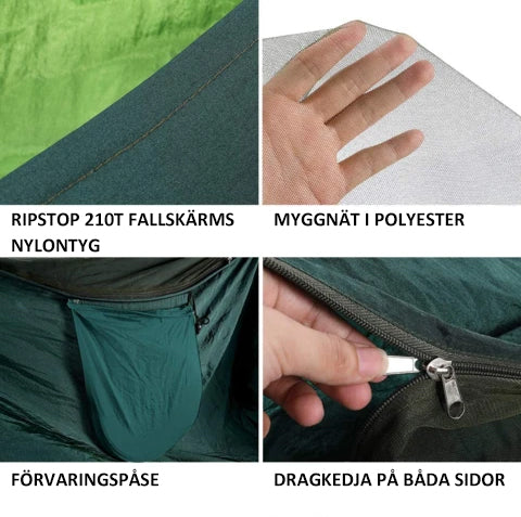 "Myggsäker campinghängmatta med stålstång, svart, kompakt design, effektivt insektsnät, slitstark nylon, 250x120cm."