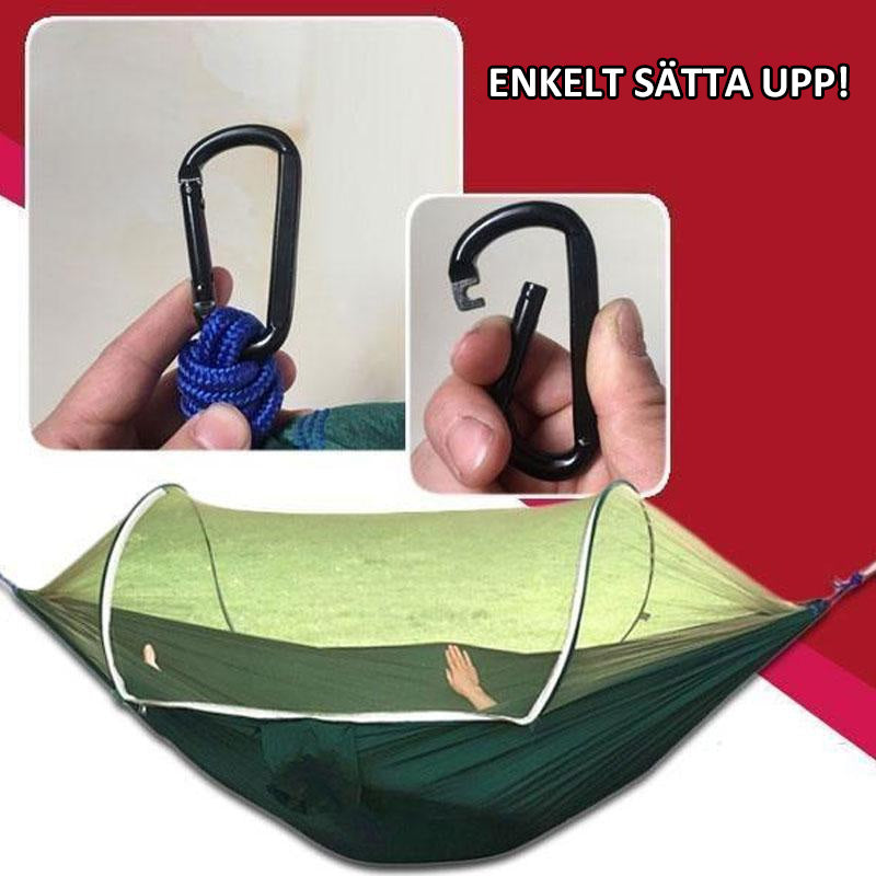 "Myggsäker campinghängmatta med stålstång, svart, kompakt design, effektivt insektsnät, slitstark nylon, 250x120cm."