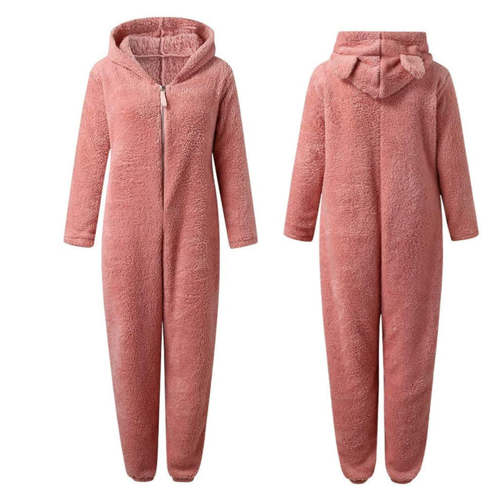 Vintermysig dam onesie jumpsuit, varm och bekväm overall med huva för kalla dagar.