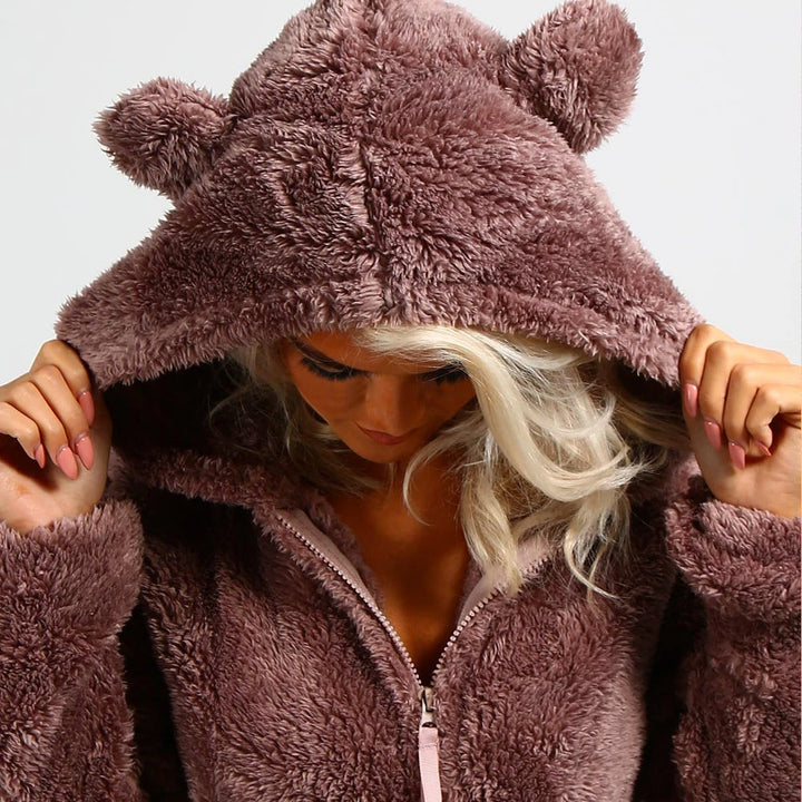 Onesie jumpsuit dam, mysdress overall hemmakläder med huva och fickor för komfort.