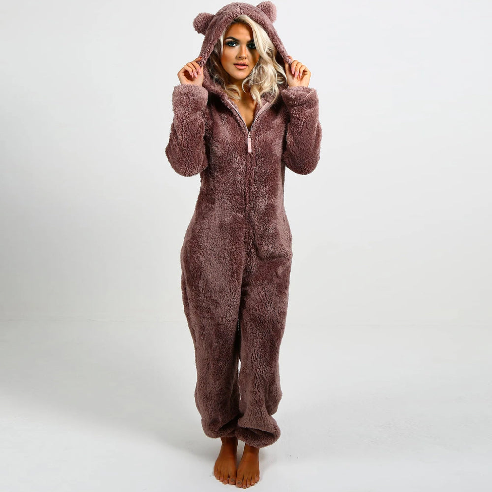 Mysig dam onesie med huva, bekväm jumpsuit för avkoppling och hemmabruk.