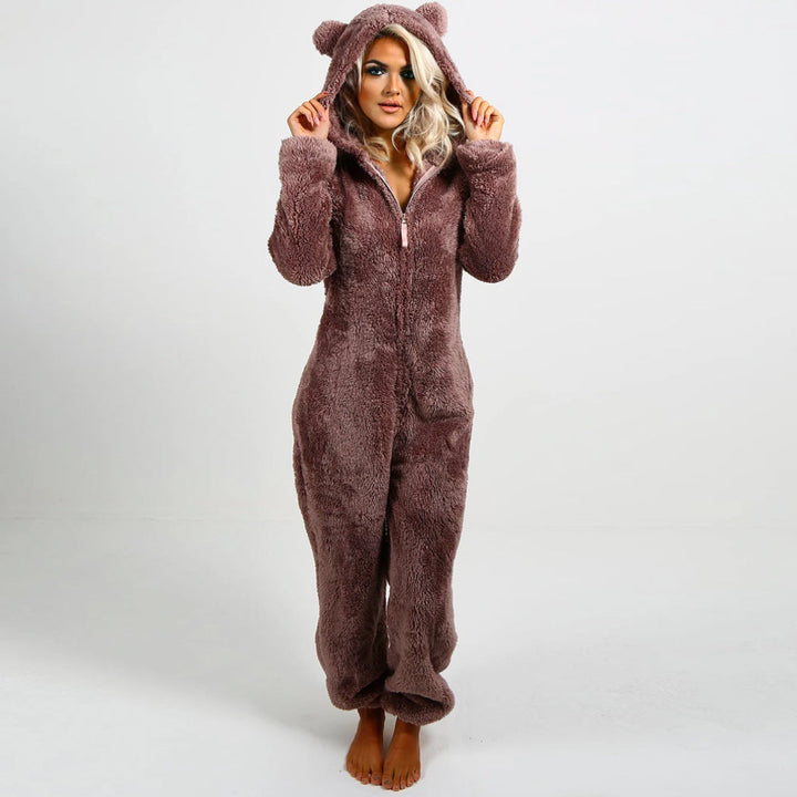 Mysig dam onesie med huva, bekväm jumpsuit för avkoppling och hemmabruk.