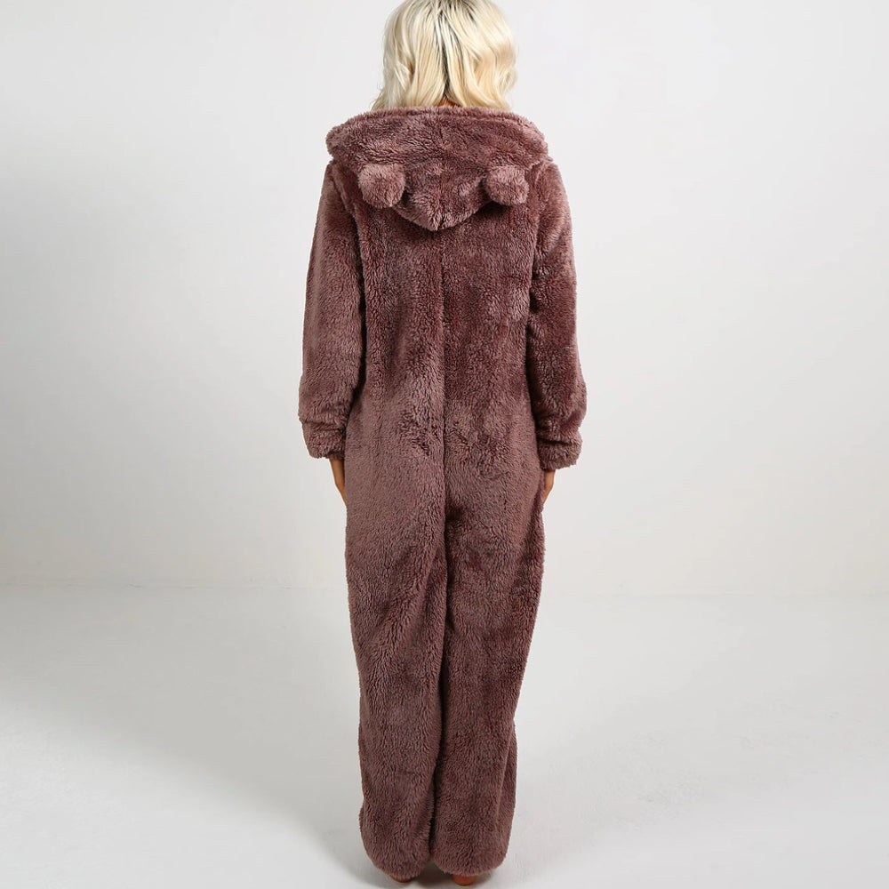 Komfortabel overall för dam, mysig jumpsuit med huva och fickor. Perfekt hemmakläder.