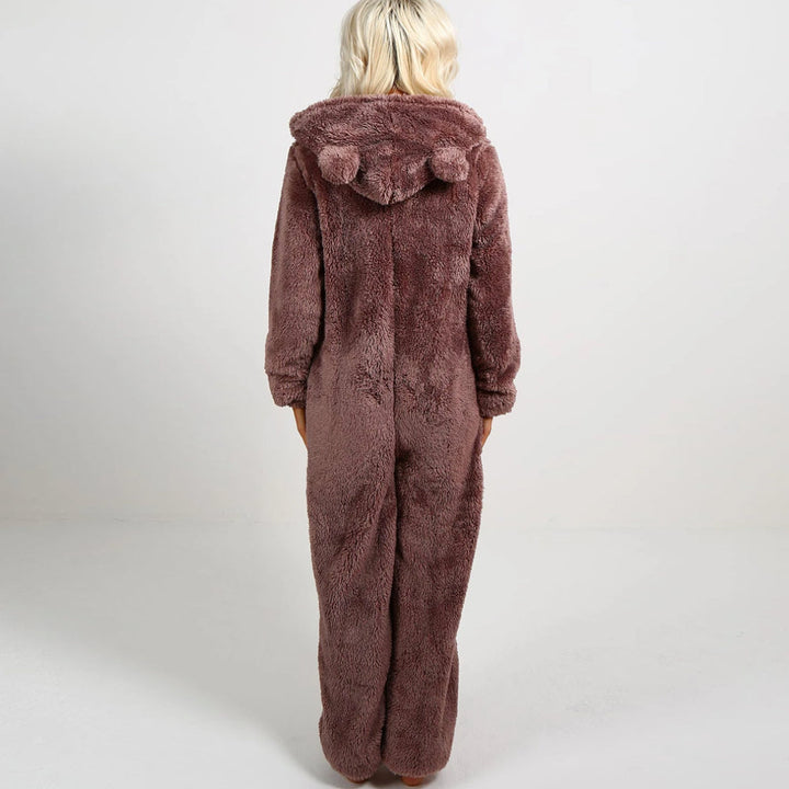 Komfortabel overall för dam, mysig jumpsuit med huva och fickor. Perfekt hemmakläder.