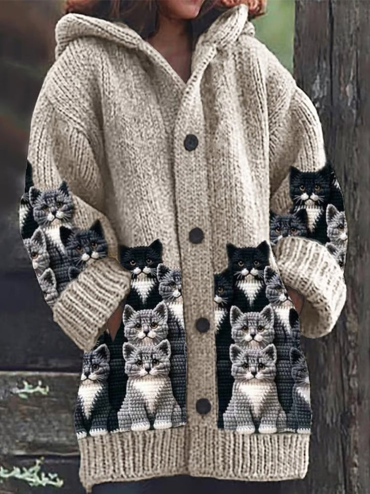 Stickad damkofta med kattmotiv, en avslappnad pullover som passar för kvinnor.