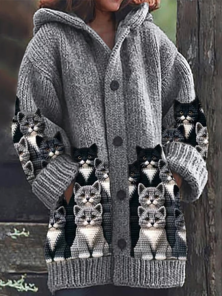 Vintermode damkofta med unikt kattmotiv, en bekväm tröja för kvinnor som gillar katter.