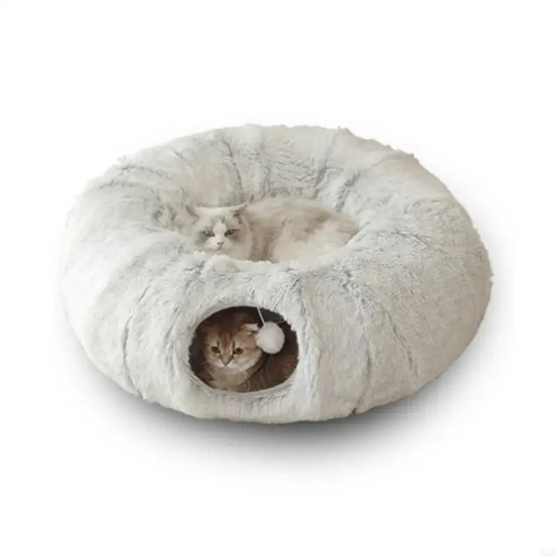 Mysig plysch kattsäng med integrerad kattunnel för lek & vila. Hopfällbar kattbädd ger trygg sovplats.