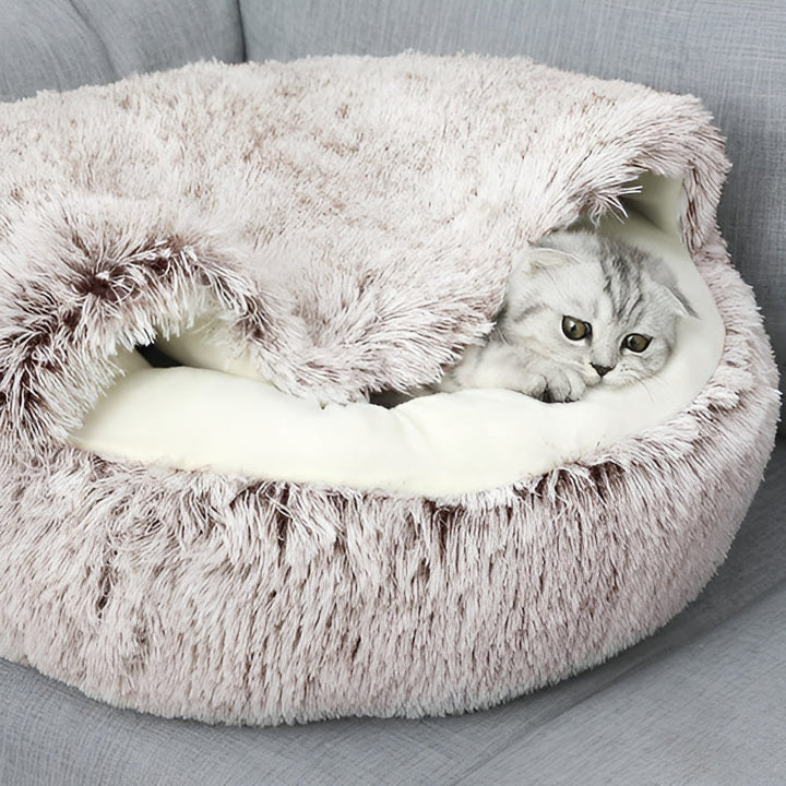 Rund mysig kattsäng och hundsäng. Varm, mjuk husdjursbädd för smådjur. Perfekt för vintervila.