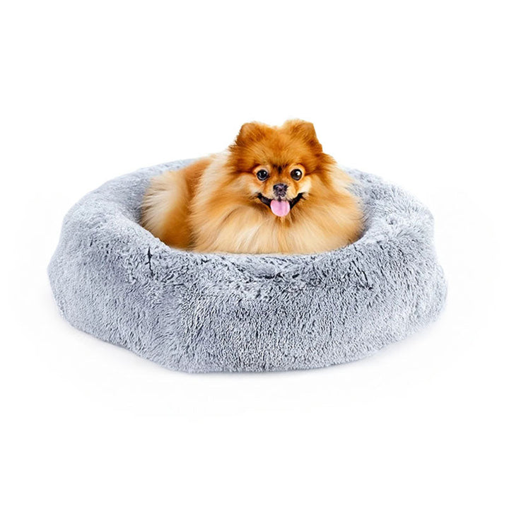Mysig rund plysch djurbädd för hund och katt, en varm och skön sovplats.